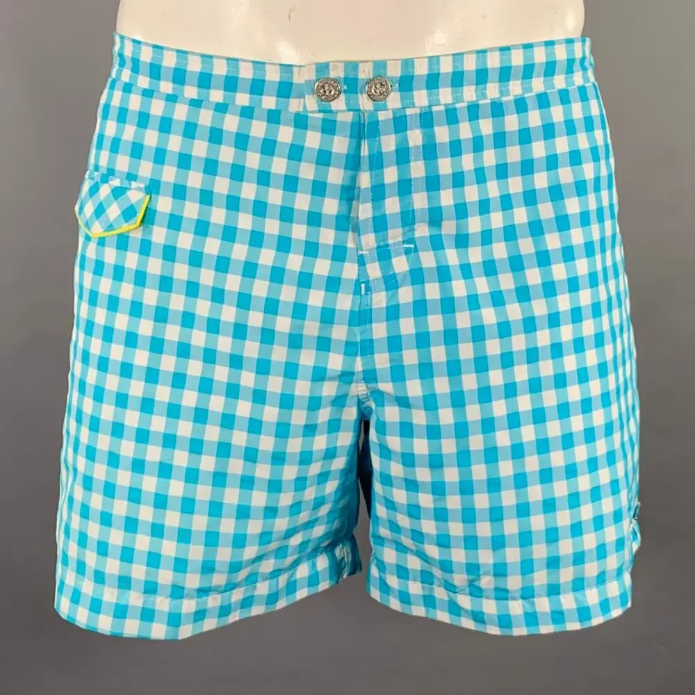 PARKE & RONEN Size 36 Turquoise White Gingham Polyester Blend Swim Trunks